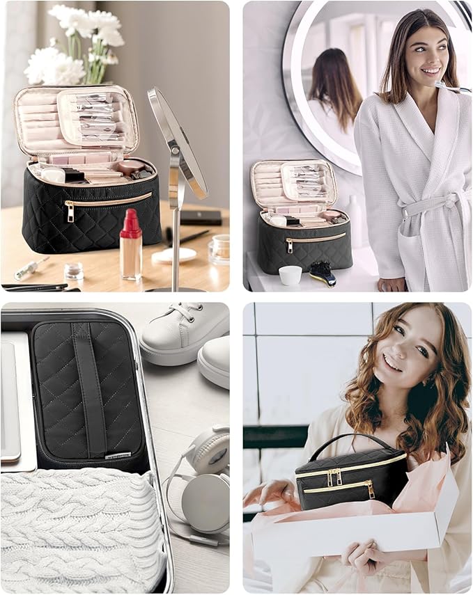 Wandering Nature Makeup Bag, Travel Make Up Organizer Cosmetic Brush Bags Case for Women in Quilted Fabric, Black, Patent Pending