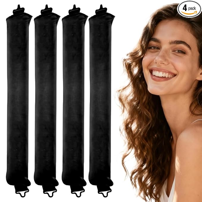 Overnight Heatless Hair Curler Blowout Rods Jumbo, Heatless Curls Satin Flexi Rods for Overnight Sleeping, No Heat Curling Tool for All Hair Types, Soft Heatless Hair Curler (Black，4 Rods)