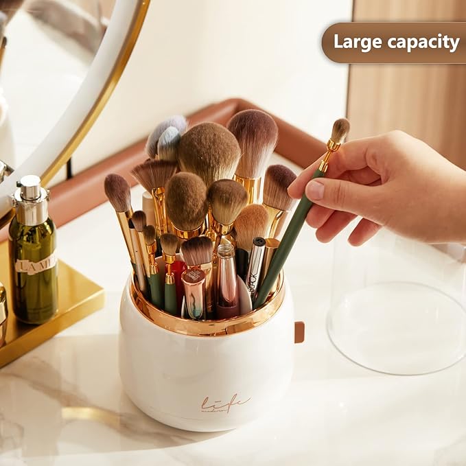 Makeup Brush Holder Organizer with Lid, Rotating Dustproof Make Up Brushes Organizer with Clear Acrylic Cover for Vanity Desktop Bathroom Countertop (Light green)
