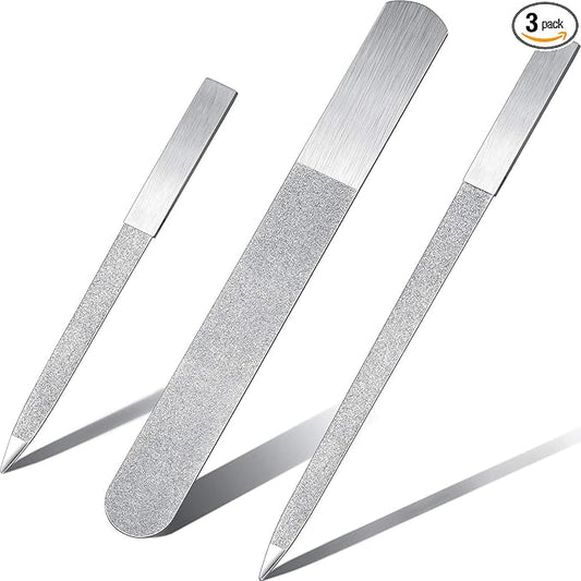 Mudder 3 Pcs Metal Diamond Nail File Set for Women Men Stainless Steel Metal Double Side Fingernail Toenail Buffer Filers Silver Emery Boards for Salon Home Travel Manicure Pedicure Nail Care Tool