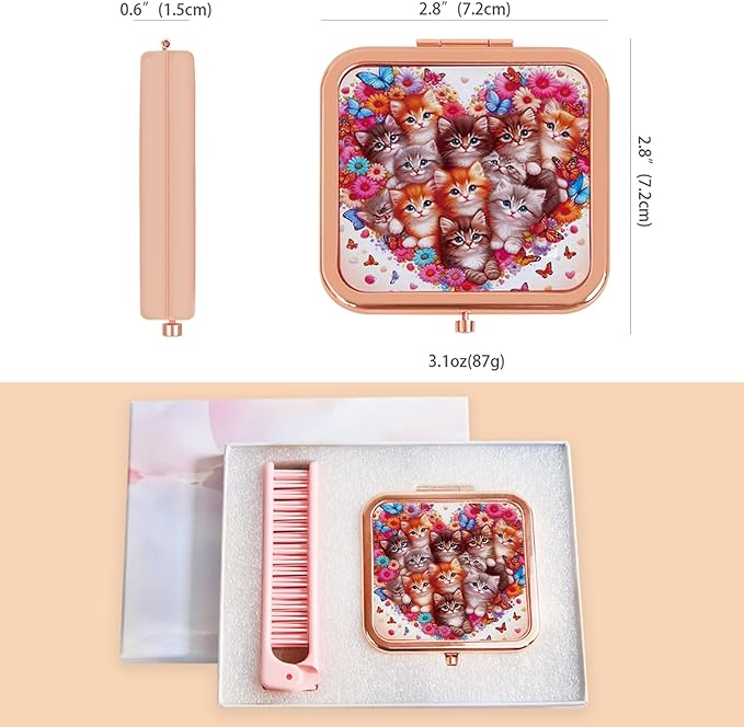 Compact Mirror for Travel, Double Sided 1x/2x Magnifying Portable Pocket Handbag Handheld Foldable Cosmetic Mirror for Women, 2 Pcs，Small Compact Mirror for Purse and Pink Folding Comb