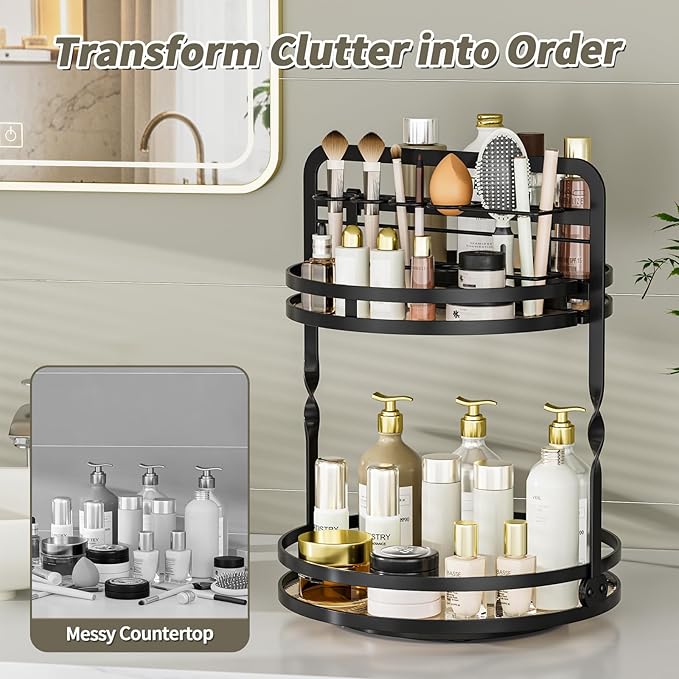 360° Rotating Makeup Organizer, 2-Tier Black Perfume Organizer for Dresser, Bathroom Organizers Countertop, Perfume Shelf with Makeup Brush Holder, Skincare Holder Cosmetic Display(Black)