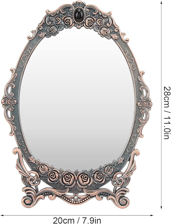 Cyrank Vintage Makeup Mirror, Oval Floral Mirror Decorative Tabletop Makeup Metal Vintage Cosmetic for Home Decorative(Red Bronze)