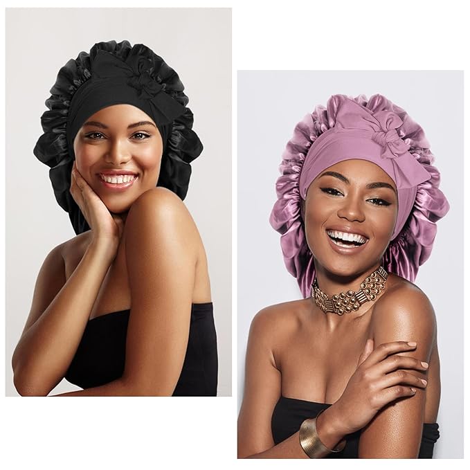 Arqumi 2 Pcs Satin Silk Bonnet for Sleeping Women, Large Long Strap Tie Band Adjustable Sleep Night Cap Hair Bonnet Wrap for Men, Black+Leather Red