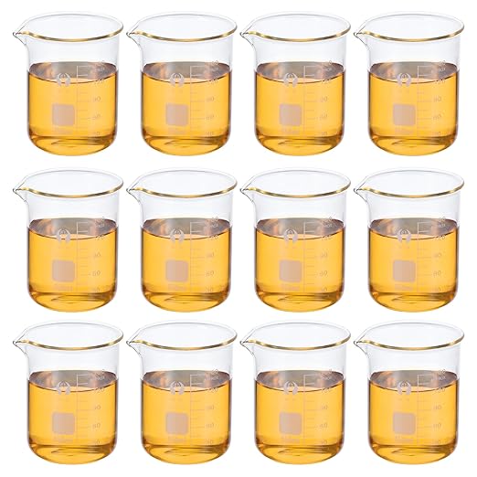 PATIKIL 150ml Low Form Glass Beaker, 12 Pack 3.3 Borosilicate Glass Graduated Printed Scale Measuring Cups with Spout for Kitchen Lab Liquids
