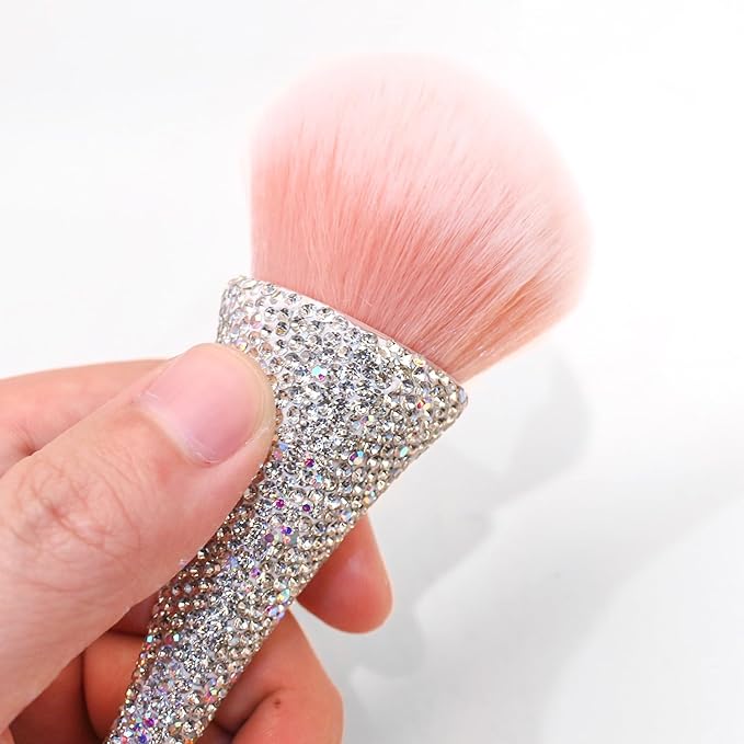 WOKOTO 1pcs White Shiny Rhinestone Nail Art Dust Brushes For Acrylic Nails Powder Remover Brushes Loose Face Cosmetics Blending Liquid Foundation Powder Make Up Brushes Nail Trimming Cleaning Tools