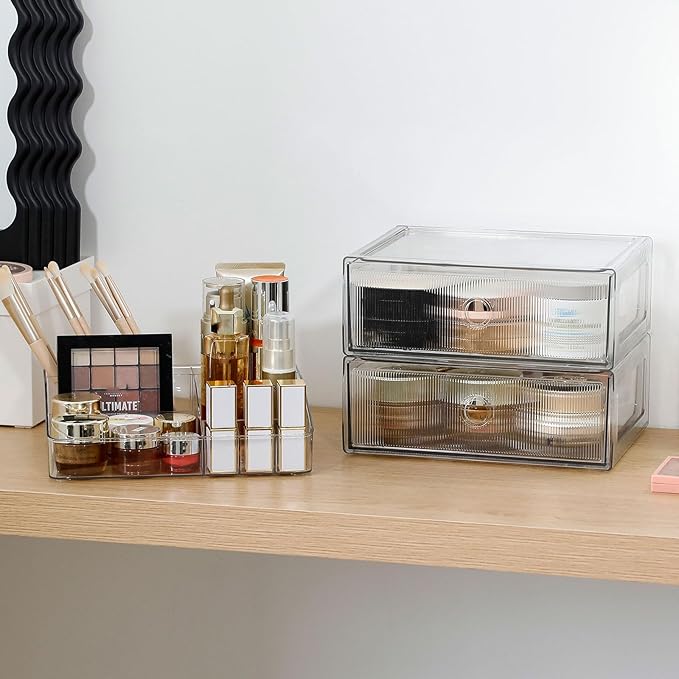 3-Tiers Makeup Organizer with Drawer, Stackable Skincare Storage Box for Vanity and Bathroom, Beauty Essentials, Cosmetic Brushes, Perfume Stand, Large Lipsticks Holder