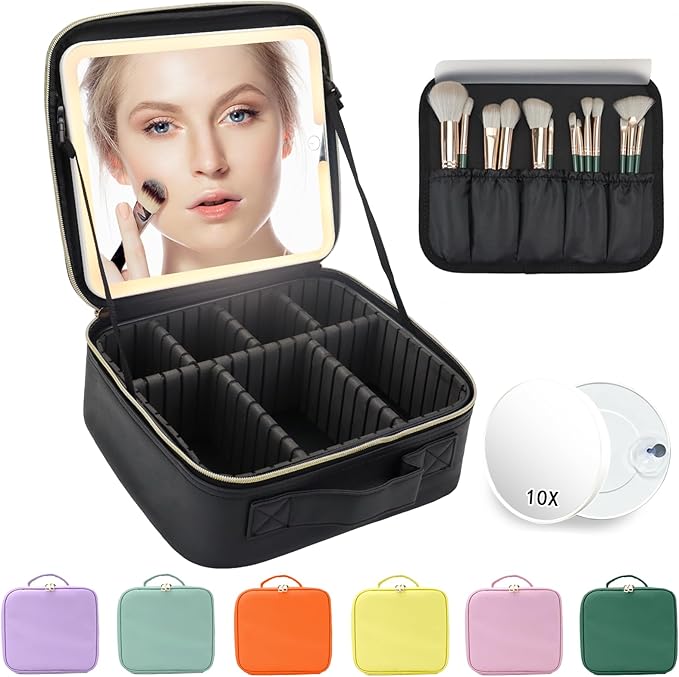 Travel Makeup Bag for Makeup Artists Large Makeup Case,with Mirror 3 Color Setting and Detachable 10x Magnifying Mirror Travel Makeup Bag,Portable Storage and Adjustable Dividers（black）