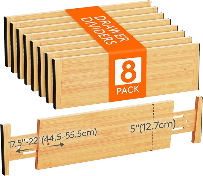 Lifewit 8 Pack 5" Deep Bamboo Drawer Dividers, 17.5-22" Expandable Drawer Organizers for Clothes, Adjustable Dresser Drawer Divider, Clothing Drawer Separators for Dresser, Bedroom, Bathroom, Kitchen