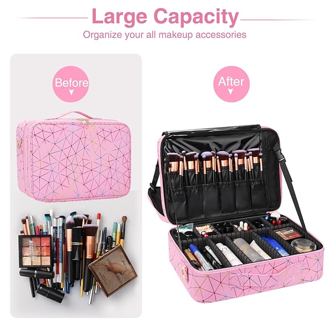 MONSTINA Professional Makeup Case Bag|3 Layers Large Capacity Cosmetic Organizer Brush Bag,Barber Train Case Makeup Artist Box,PU Leather Stylish Geometric Reflection Patterns Pink