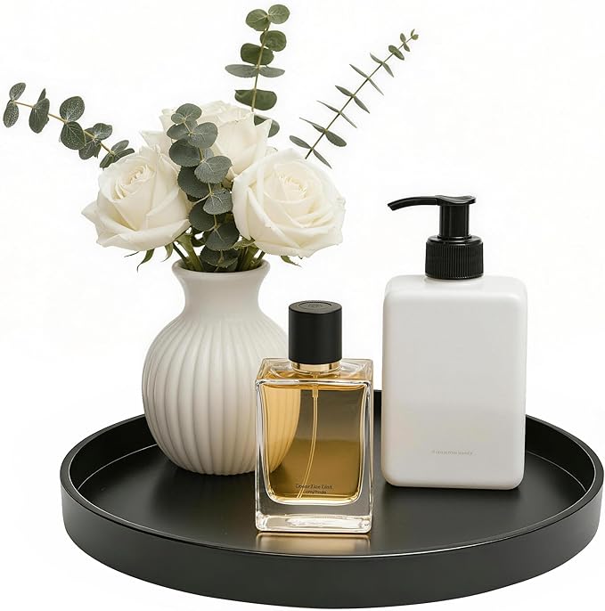 1 Pack 8" Bathroom and Vanity Tray, ABS Bathroom Counter Organizer， Coffee Table Decor for Perfume, Candles, Keys &More. Kitchen Countertop Organizer, Decorative Tray Soap Holder, Black