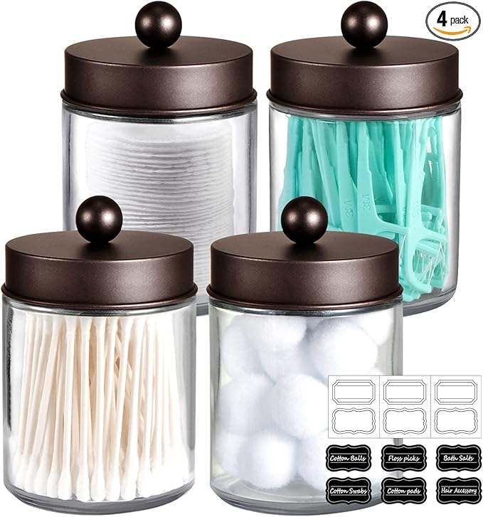 Amolliar 4 Pc Glass Apothecary Jars - Countertop Qtip Dispenser Holder with Stainless Steel Lids&Cute Stickers -Bathroom Vanity Storage Organizer Set for Qtips,Cotton Swabs/Rounds (Bronze)