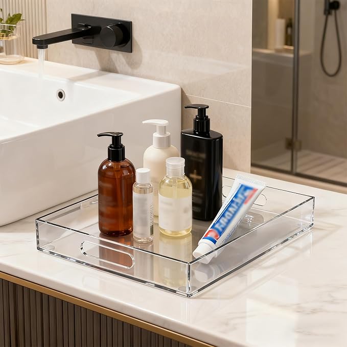 1-Piece Clear Acrylic Tray 12 * 16 Inches Suitable for Coffee Table Makeup Table Kitchen Countertop Acrylic Storage Tray Perfect for Gatherings Events Family Use with Handle,Easy to Carry