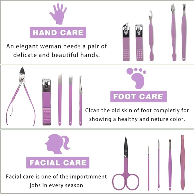 Manicure Pedicure Kit, Purple, Stainless Steel, 18-Piece Set with Portable Travel Case, Nail Clippers, Scissors, Cuticle Tools