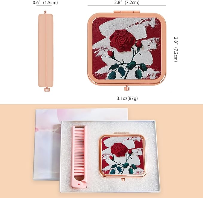 Double Sided Compact Makeup Mirror with Comb - Rose Gold Portable Folding Travel Mirror, 1X/2X Magnifying Pocket Mirror for Purse, On-The-Go Mirror for Daily Makeup & Travel Essentials