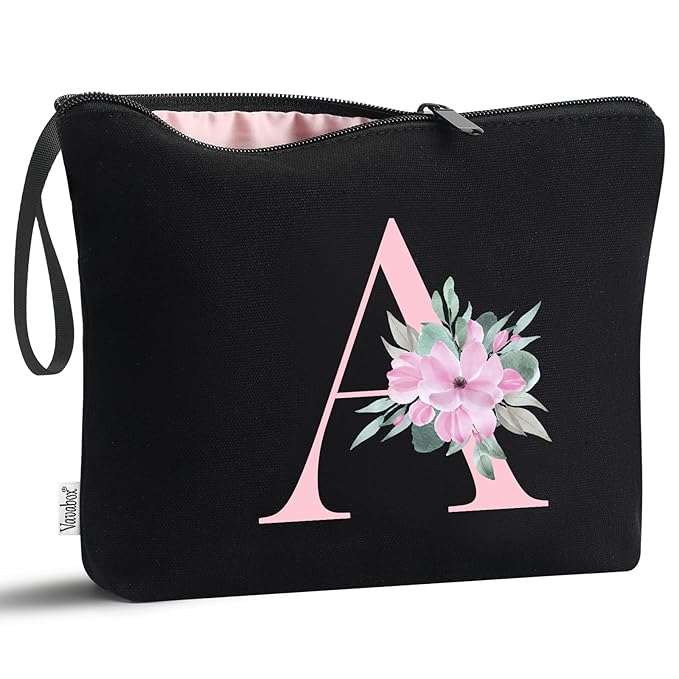 Vavabox A-Z Personalized Makeup Bag, Birthday Gifts for Women Mom, Gifts for Best Friend, Bride Bridesmaid Cosmetic bag (A, Black)