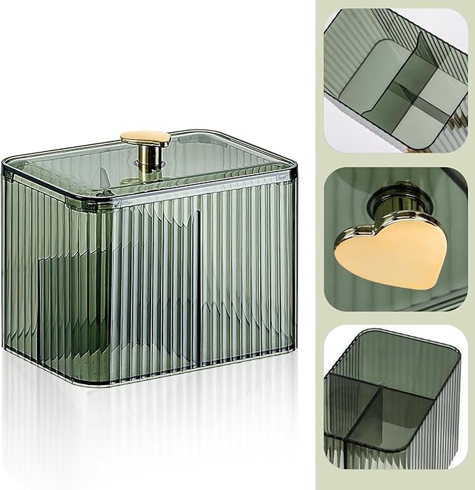 Qtips Holder Bathroom Container 3-Section Bathroom Organizer Dispenser 3 Grids Cotton Ball/Swab/Pad Holder Jar Organizer Cosmetics Storage for Vanity Green