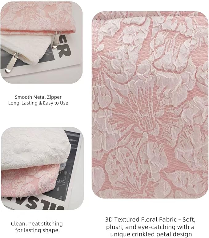 2-Pack Large Flower Makeup Bag Set - White & Pink Floral Canvas Cosmetic Organizer | Aesthetic Capacity Travel Toiletry Bag for Women (Makeup Brushes & Accessories Storage)