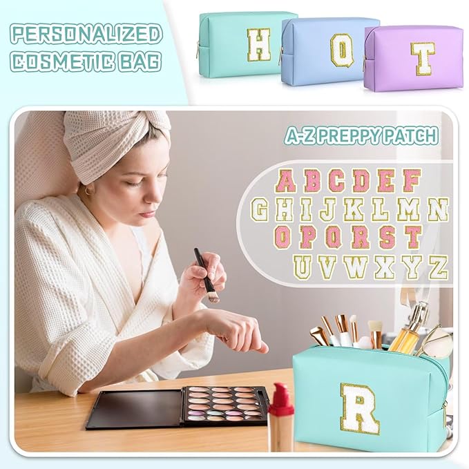 TOPEAST Preppy Patch Makeup Bag, Chenille Letter Pouch Cosmetic Bag, PU Leather Waterproof Toiletry Bag, Personalized Birthday Gift for Women Girl, Cute Stuff for Girls (Blue B)