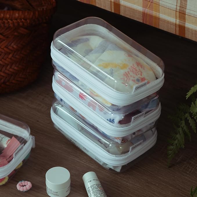 Zippered Pouch Hard, Clear Zippered Hard Pouch, Stackable Storage Bins, Portable Clear Bin Zipper (White, Small)