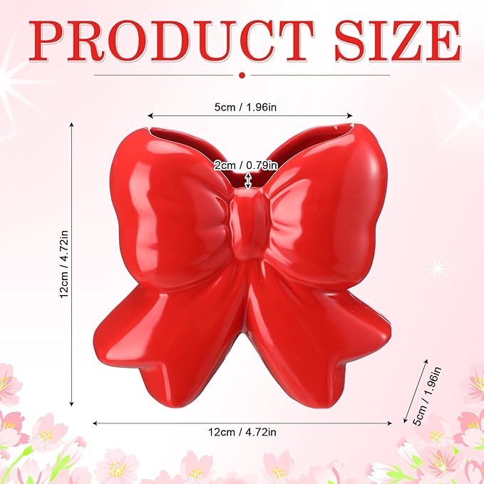Bow Vase Coquette Ceramic Vase Pen Holder Makeup Brush Holder Contemporary Design Decorative Women Gift for Christmas Home Office Shelf Table Room(Red,Small,Classic)