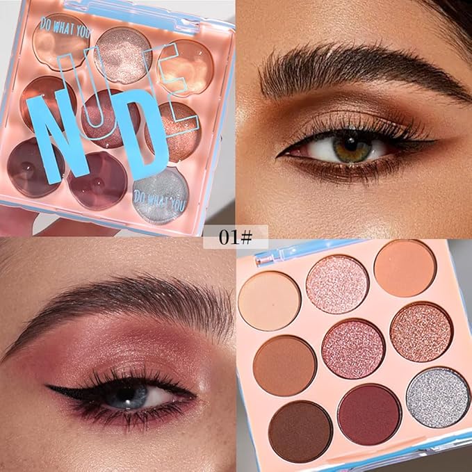 High Pigment 9-Color Nude Brown Eyeshadow Palette – Matte, Shimmer & Glitter Shades Eye Shadow Kit, Long-Lasting Warm Neutrals for Soft Glam & Daily Wear,Blendable Travel-Friendly-Caramel Bronze