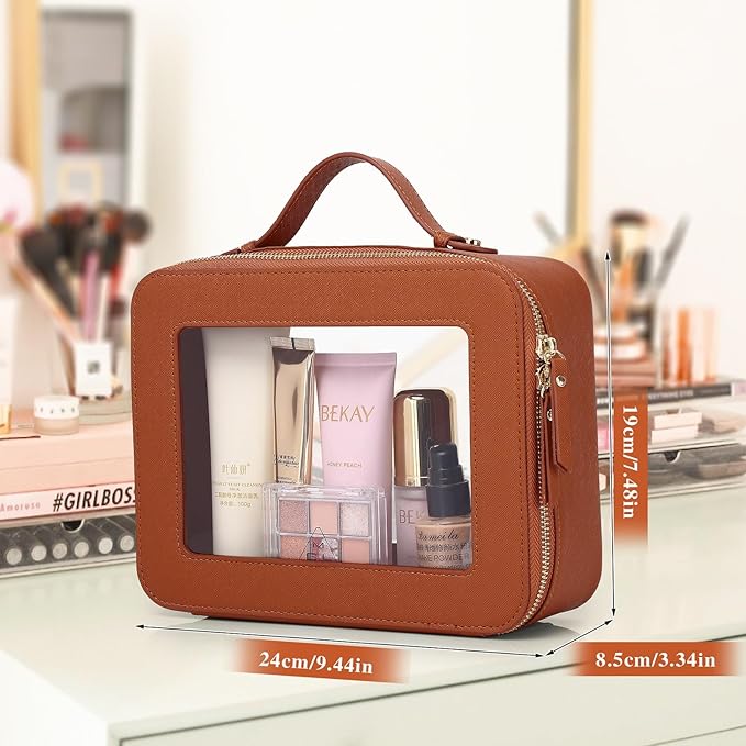 Clear Travel Makeup Bag with Brush Bag Portable Transparent Cosmetic Bag and Toiletry Bag Waterproof Clear Makeup Bag with Zipper Car Bag for Women (Brown, L+Slim)