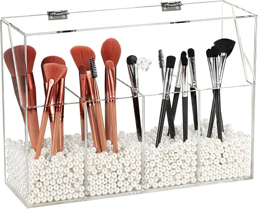 Acrylic Makeup Organizer, Clear Cosmetic Brush Storage Box With 4 Brush Holders (Pearl not included),Makeup Brush Holder with Dust Cover, Large-capacity Split Design Organize the Desktop