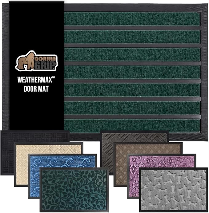 GORILLA GRIP 100% Waterproof All-Season WeatherMAX Doormat US Designed Natural Rubber, Stain and Fade Resistant, Low Profile Indoor Outdoor Door Mats, Easy Clean Patio Mat, 23x35, Green Stripe