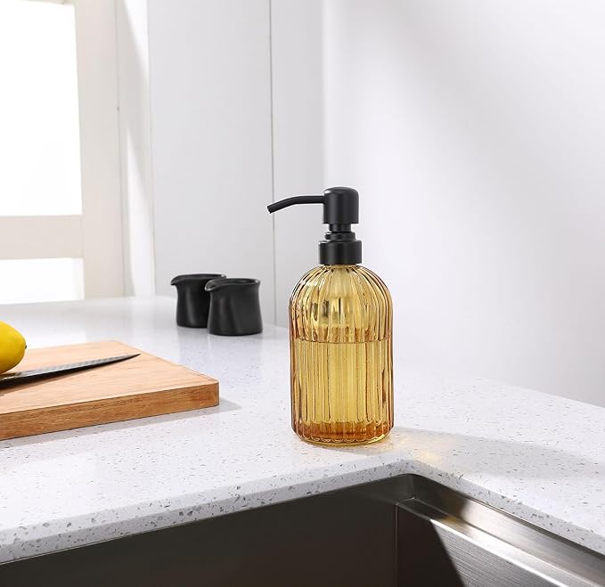 16 OZ Amber Glass Soap Dispenser, Amber Stripe Bathroom Hand Soap Dispensers with Stainless Steel Matte Black Pump,Brown Glass Kitchen Hand Soap Dispenser with Matte Black Pump