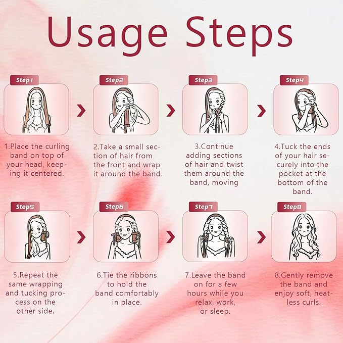 Curling Tie New Hair Curlers to Sleep in, Heatless Curls Overnight Headband, Soft Ribbon Wrap for Long Hair, Perfect Natural Curls Bouncy Curly Hairstyle Hair Suitable for All Hairs Types(Red)