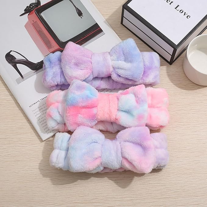 12pcs Spa Headband Soft Bowknot Spa Hair Band Coral Fleece Headband Makeup Headbands for Face Washing Skin Care Shower Yoga Headwraps for Women Girls (Pattern C)