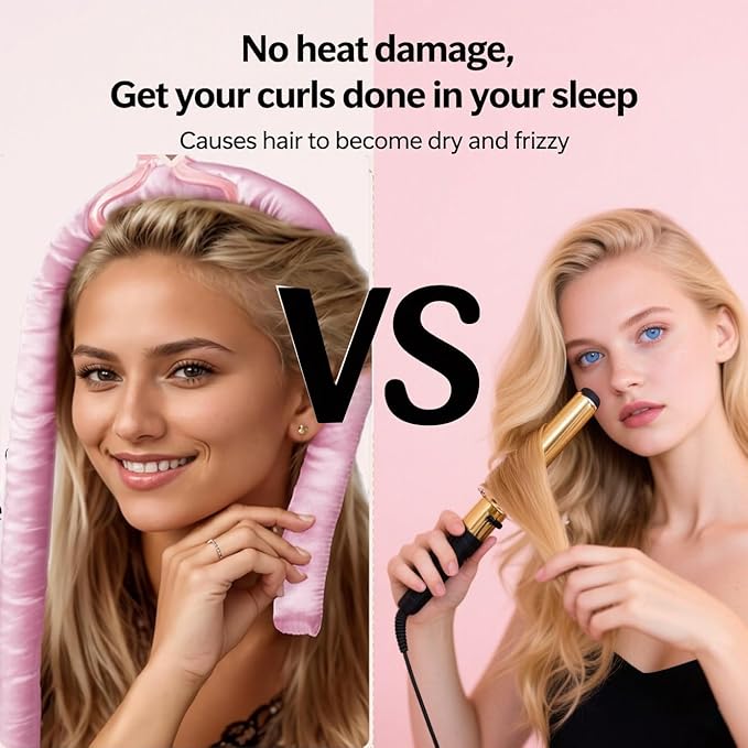 Heatless Curls Overnight Hair Curlers with Satin Pillowcase for Hair and Skin Queen Set, Sleeping Bonnet Eye Mask and Face Massager, 12pcs Hair Styling Tools Set for Sleeping(Pink)