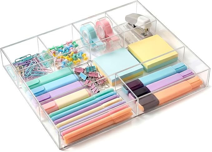 Large Acrylic Desk Deep Drawer Organizer with Adjustable Dividers, Anti-Skip Clear Desk Top Organizer Tray for Pens, Desktop, Office, Bathroom, Kitchen, Makeup Supplies(7 Compartments)