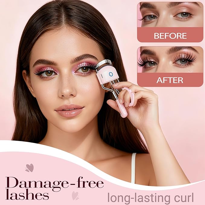 Heated Eyelash Curler Electric Eyelash Curlers 8s Fast Heating Lash Curler Safe Anti-Burn Lash Curler Intelligent Temp Control rizador de pestañas for 24H Long Lasting Curls (Pink)