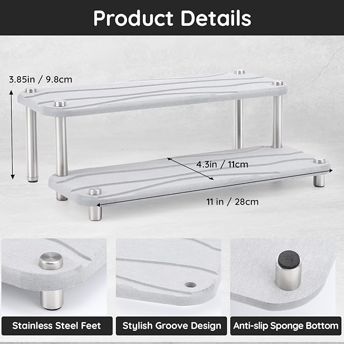 Segbeauty 2 Tier Quick Dry Diatomaceous Earth Stone Tray, 11x4.3in Water Absorbing Bathroom Tray Countertop Organizer Instant Drying Vanity Tray, Kitchen Counter Dish Soap Dispenser Rack Sponge Holder