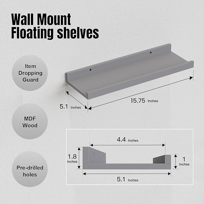 RICHER HOUSE 8 Set Floating Wall Mounted Shelves, Nursery Hanging Book Shelves with Lip for Storage, Gray Display Picture Ledge Shelf for Bedroom Bathroom Kitchen Living Room Wall Decor, Modern Grey