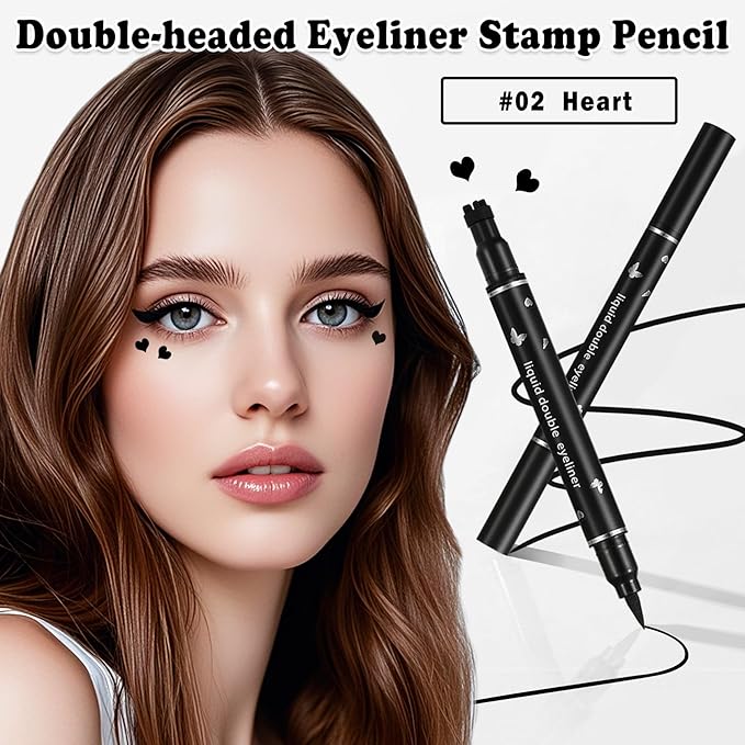 Double-headed Eyeliner Stamp Pencil Black Liquid Winged Eyeliner Stamp Pen Waterproof Smudgeproof Eye Liner Stamp for Eye Makeup(02 Heart)