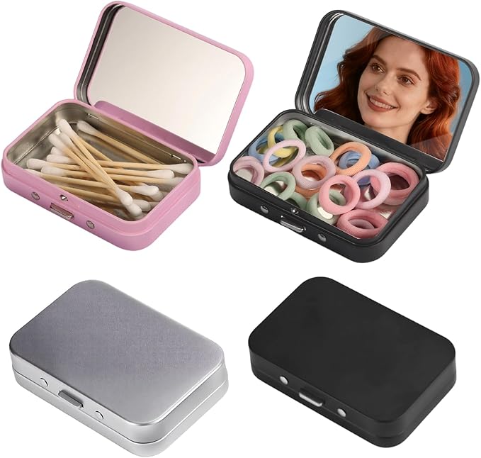 4Pcs Qtip Holder Hair Tie Containers with Mirror,Travel Cotton Swab Holder Flosser Dispenser,Small Travel Containers for for Travel, Dates,Dinners and Hotels(2 Black, 1 Silver, 1 Pink)