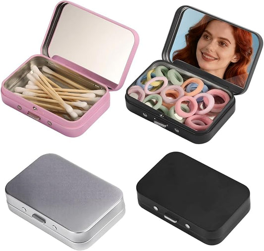 4Pcs Qtip Holder Hair Tie Containers with Mirror,Travel Cotton Swab Holder Flosser Dispenser,Small Travel Containers for for Travel, Dates,Dinners and Hotels(2 Black, 1 Silver, 1 Pink)