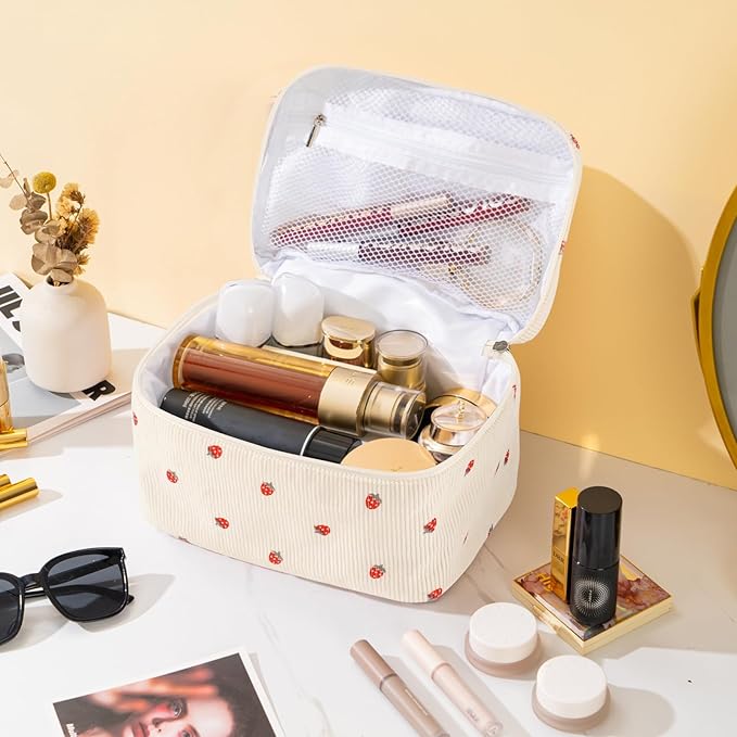 Makeup Bag for Women Quilted Corduroy Make Up Bag Travel Cosmetic Bag Large Makeup Bag Cute Makeup Bags Organizer Toiletry Bag Makeup Pouch for Purse, Mini Strawberry