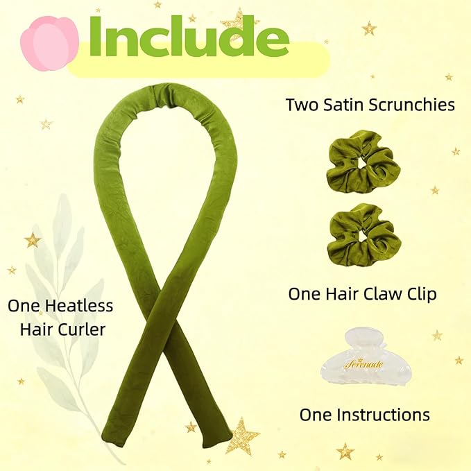 Serenade Satin Heatless Curls Overnight for Long Hair, Heatless Hair curler for Women and Girls, No Heat Curling Rods with Satin Scrunchies and Clip, Green