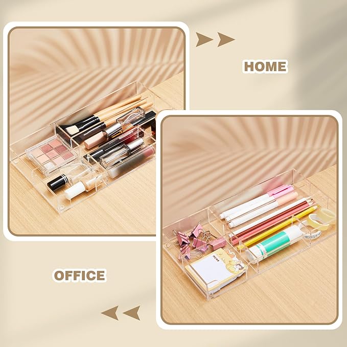 Clear Acrylic Desk Drawer Organizer 11 x 6.1 x 1.38 Inch Storage Tray Organizer for Pens, Stationery, Desktop, Office, Bathroom, Kitchen, Makeup Supplies (6 Compartments)