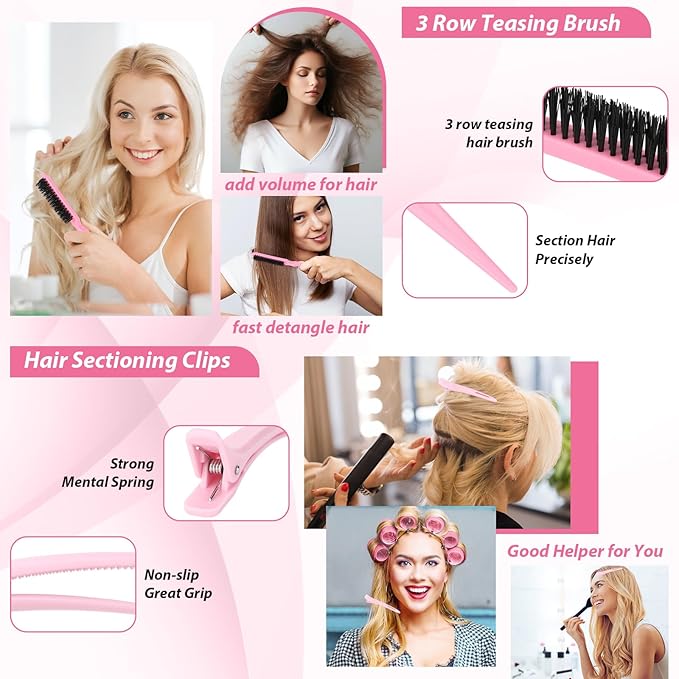 65 PCS Hair Curler Rollers with 5 Sizes Self Grip Hair Rollers for Long Medium Short Thick Fine Thin Bangs Volume Hair, Jumbo Curlers Rollers with Storage Bag Teasing Brush