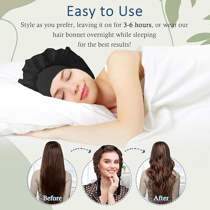 No Heat Overnight Curl Headband Set for Women and Girls - Soft Satin Bonnet with Rollers Wrap for Long Hair Curls, 10 PCS Gift Box - Black