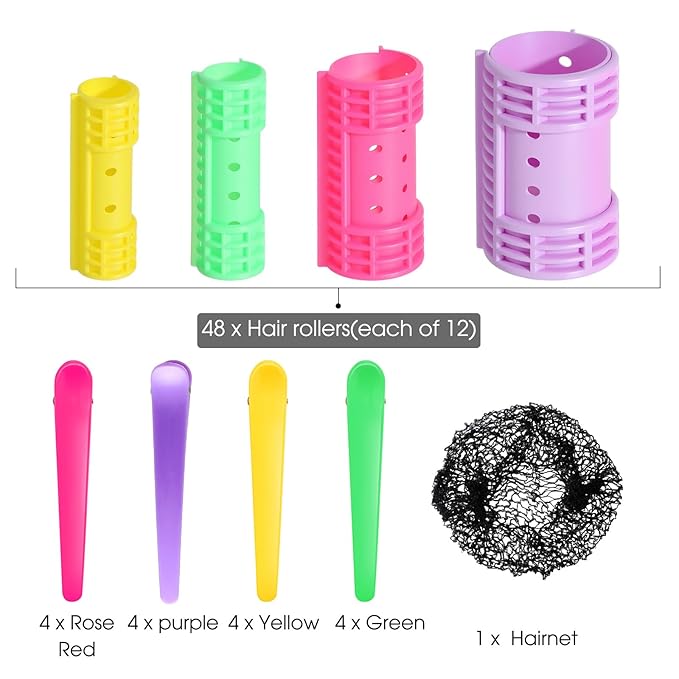 WILLBOND 65 Pieces Magnetic Hair Rollers Set Plastic Rollers Curlers with Clips 4 Sizes for Long Medium Short Hair, Duck Clips Hairnet Hairdressing Styling Tool(Light Color)