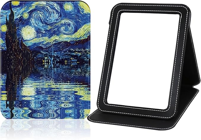 Folding Mirror Portable, Travel Makeup PU Portable Adjustable Rectangular Ultrathin Vanity Mirror with Stand,Starry Night Van Gogh Cute Mirror Art Artistic Gifts for Women