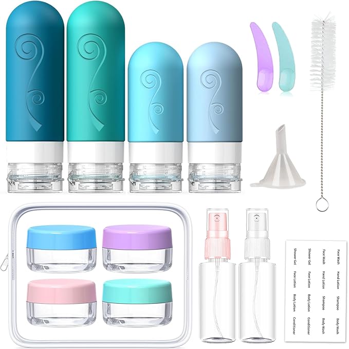 vodvob 16 Pack Travel Bottles Set for Toiletries, TSA Approved Travel Containers Leak Proof Silicone Squeezable Travel Accessories 2oz 3oz for Shampoo Conditioner Lotion Body Wash (BPA Free) (blue)