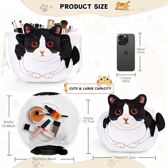 Openhaha Drawstring Cat Travel Organizer, Cosmetic Pouch - Lay Flat Makeup Bag Gifts for Cat Lovers (2-pack)