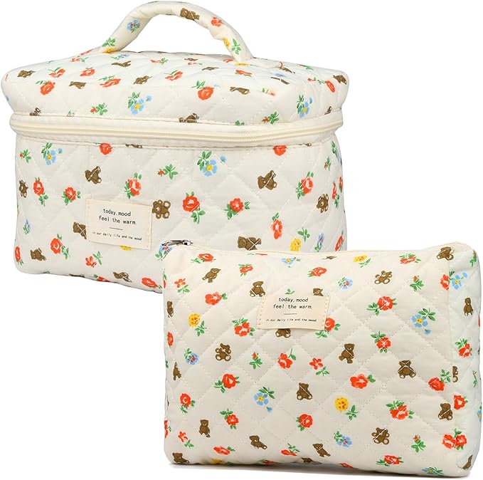 VIWIME Makeup Cosmetic Bag, Large Cotton Quilted Travel Coquette Aesthetic Cute Floral Make up Bag for Women Toiletry Bag Organizer (103- Bear/2Pcs)